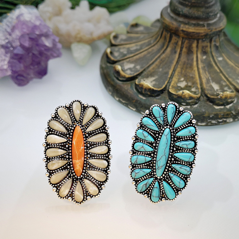 Vintage White Blue Stone Open Adjustable Rings Bohemian Turquoises Jewelry Antique Silver Color Ethnic Rings for Women Girl