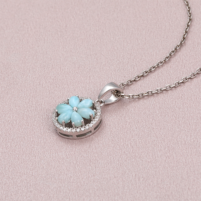 New Trend Classic Charm 925 Sterling Silver Jewelry Gifts Retro Flower Natural Precious Larimar Pendant Necklace for Woman