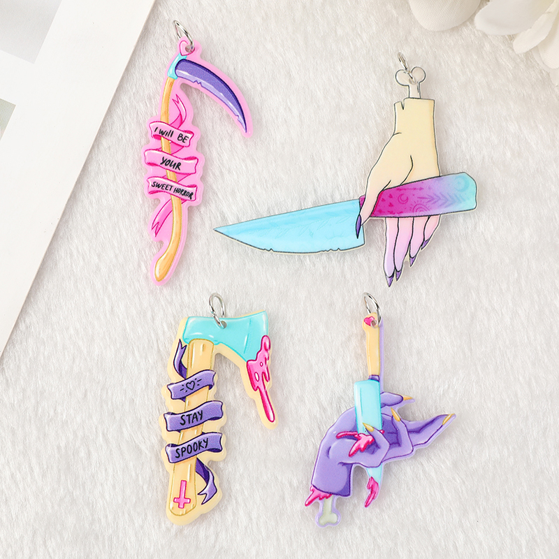 8Pcs Halloween Spooky Charms Axe Blood Creepy Knife Acrylic Pastel Goth Jewlery Findings For Earring Necklace Diy Making