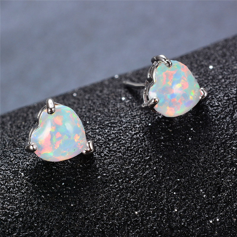 Cute Female White Blue Green Opal Stud Earrings Silver Color Heart Wedding Boho Small Double For Women