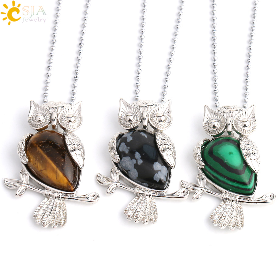 CSJA Water Drop Natural Stone Necklace & Pendants Owl Shape Pink Quartz Sodalite Crystal Trendy Charm Jewelry for Women Men G077