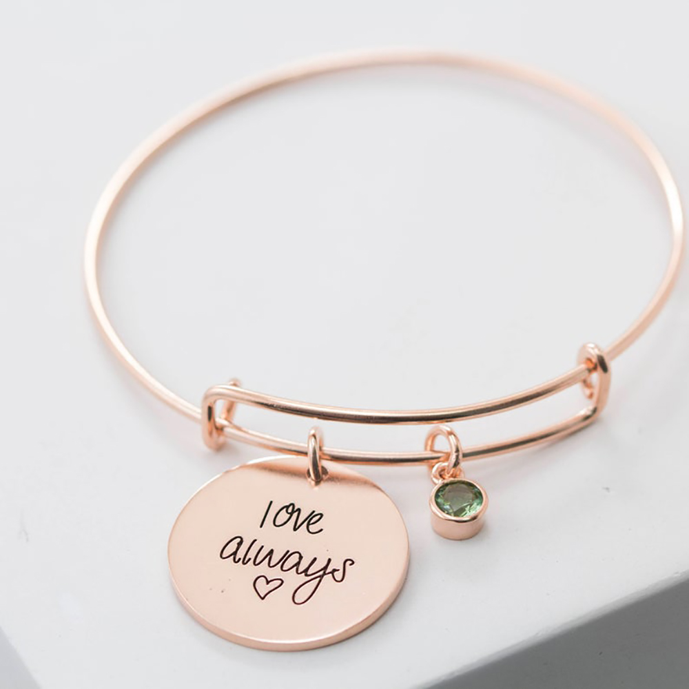 Mini-World Classic Round Pendant Custom Carved Handwritten Signature Birthstone Bracelet Adjustable Bangle Gift For Women