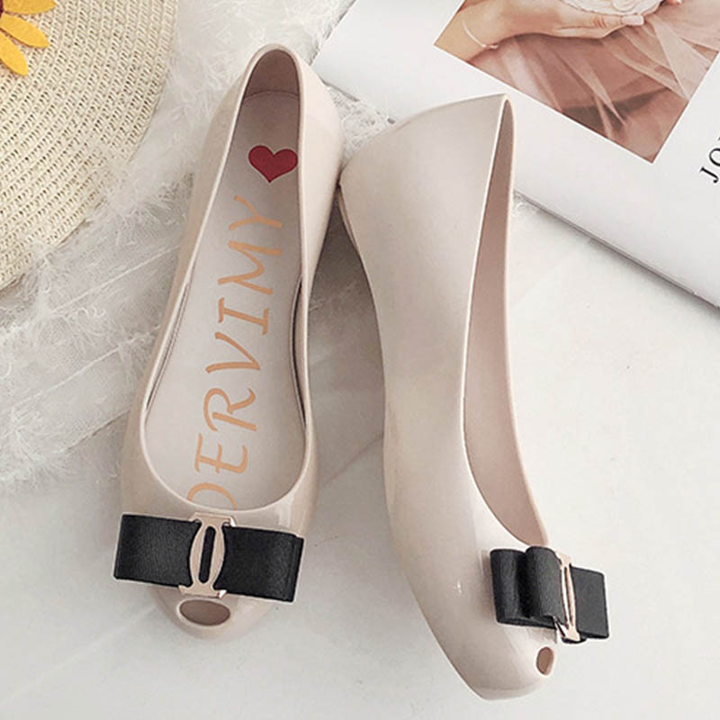 Rainproof Summer woman jelly flats peep toe non-slip ballerina mujer pisos butterfly-knot candy shoes for women pvc loafers 2020