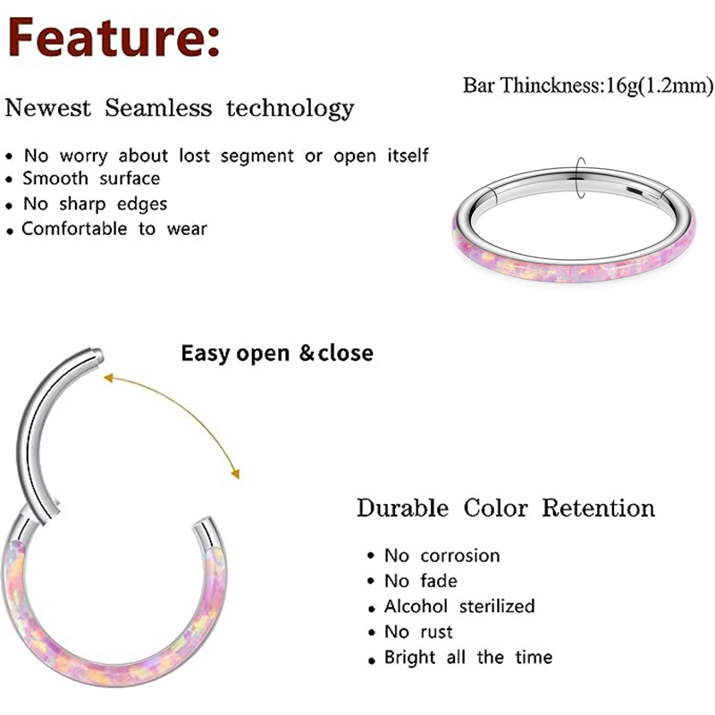 1Piece Steel Septum Piercing Nose Ring 8-12mm Opal Hinged Segment Clicker Ear Cartilage Earrings Helix Lip Piercing Body Jewelry
