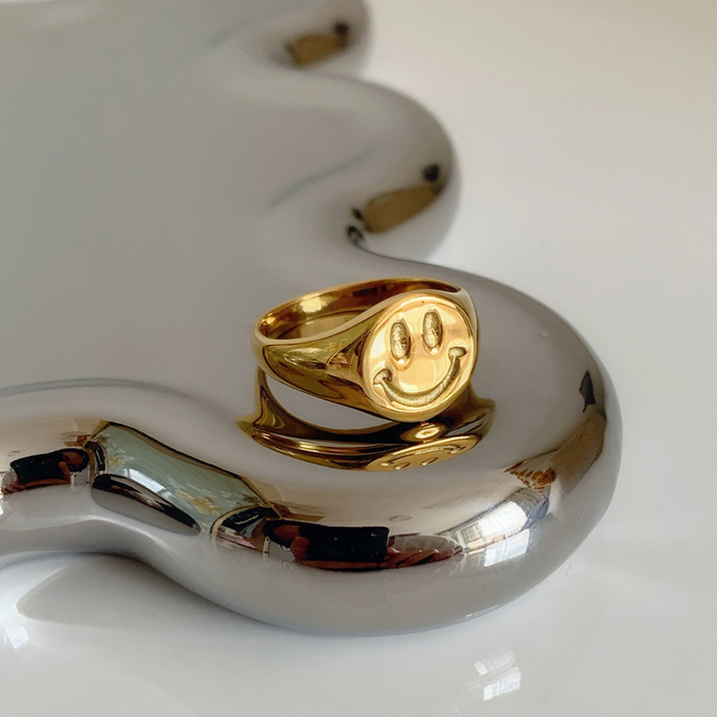 ZJ Street Style Texture Different Style Smile Face Signet Rings for Women Minimalist Statement Flower Sun Ring Everyday Jewelry