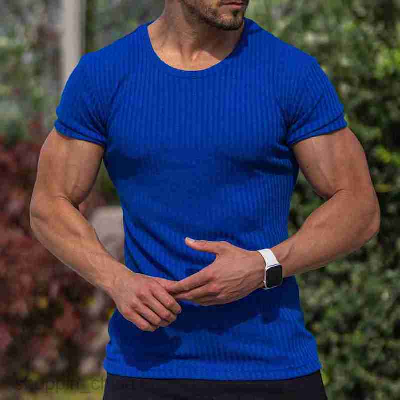 Men's T Shirts summer sports fitness leisure stand collar elastic vertical round neck short sleeve T-shirt tees tops