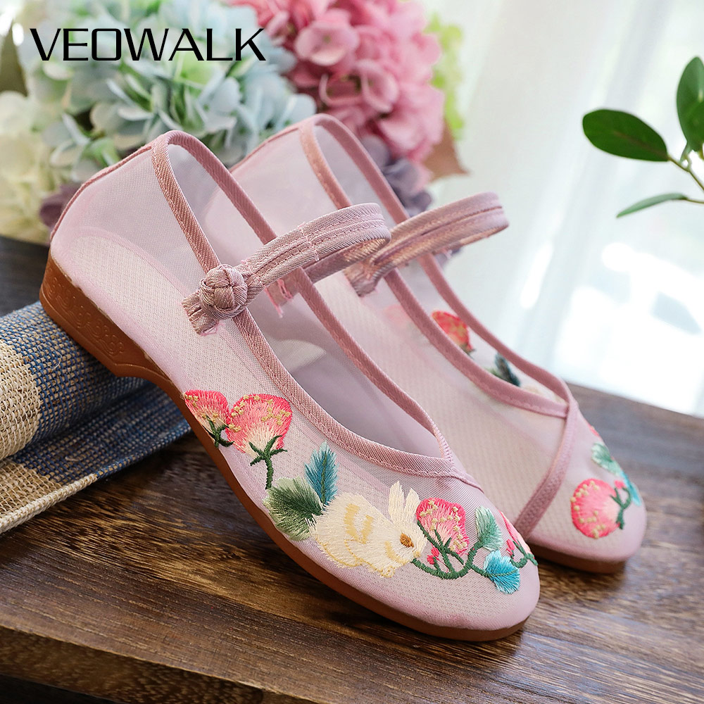 Veowalk See-through Summer Women Gauze Fabric Ballet Flats Flower Embroidered Flat Shoes with Buckles Old Beijing Ballerinas