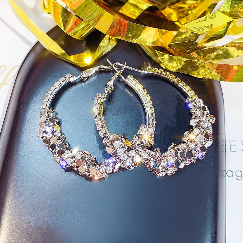 925 Sterling Silver Needle Hoop Earrings for Women Jewelry Gold Statement Rhinestone Rhombus Elegant Female Large Round Earrings