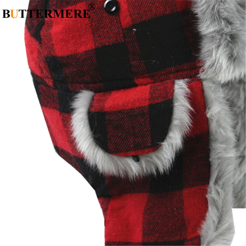 BUTTERMERE Winter Hats for Men Women Red Plaid Trapper Hat Earflap Cashmere Warm Thick Hunter Snow Ski Brand Fur Russian Cap