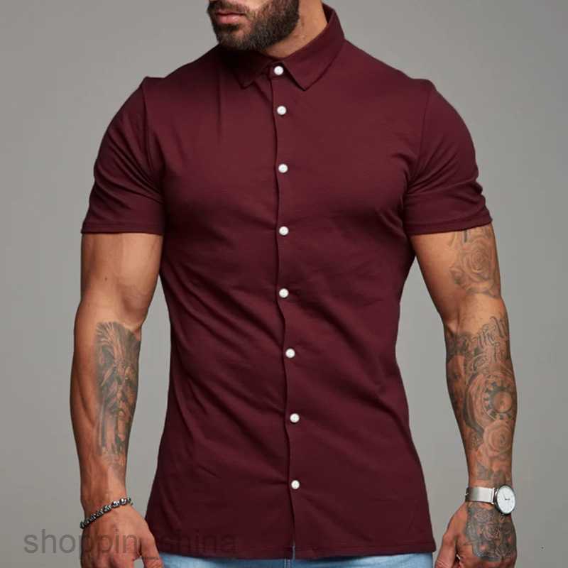 Men's Casual Shirts New Male slim fitting solid color collar casual imitation cotton shirt short sleeved youth men clothing tops