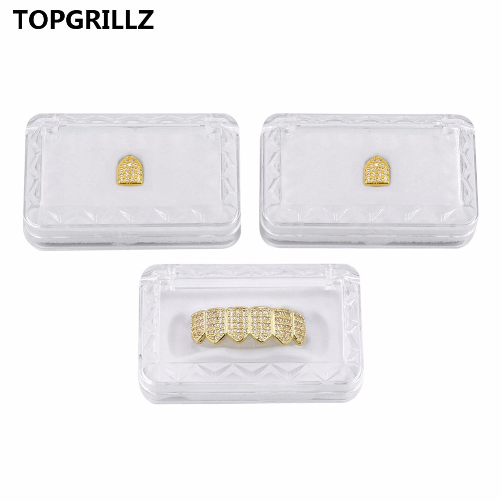 TOPGRILLZ Hip Hop Jewelry New Cuatom Fit Gold/Silver Color All Iced Out Copper Micro Pave CZ Stone Top&Bottom Teeth Grills Gifts