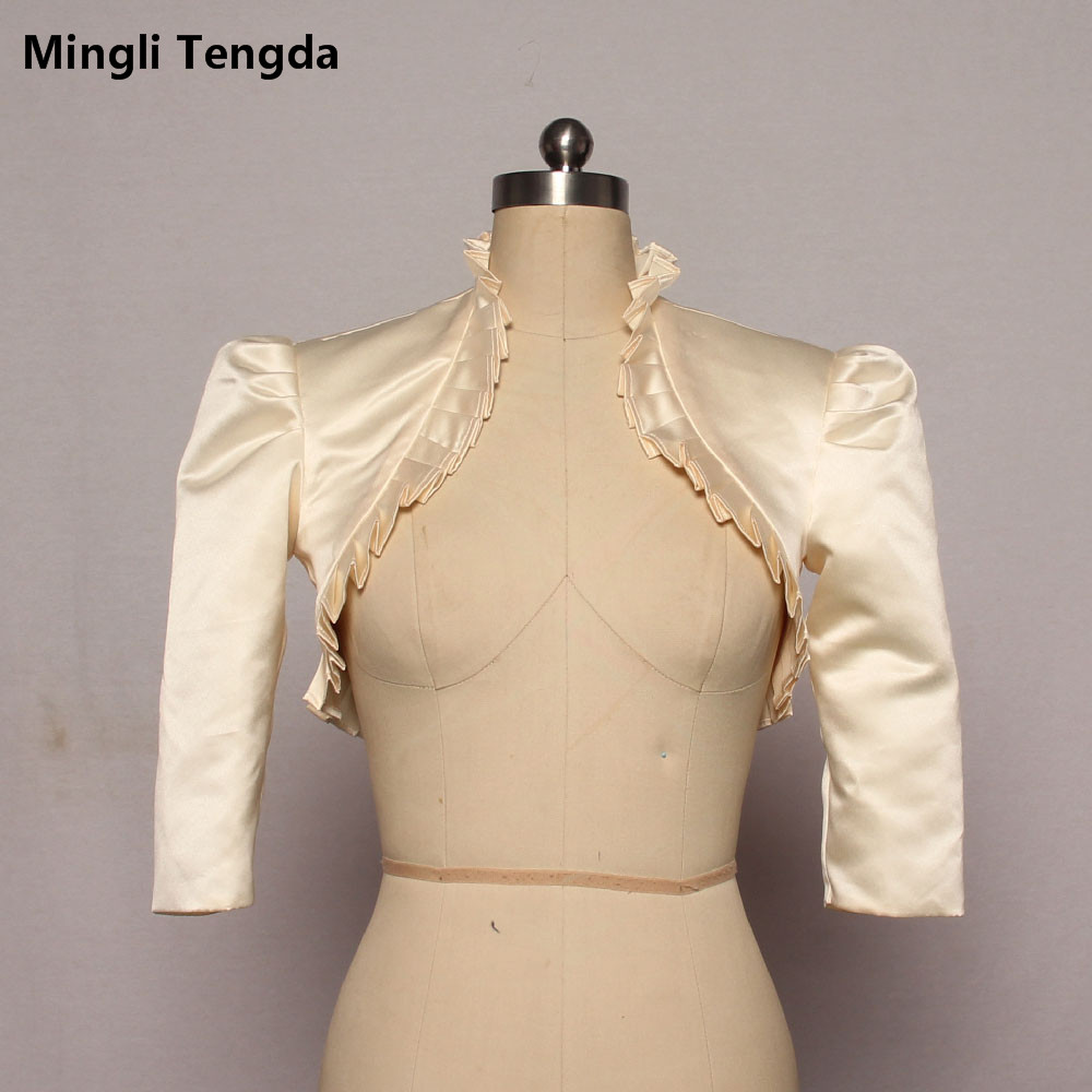 Mingli Tengda Silver Stain Wedding Jacket Bridal Bolero Womem Coat Cape Shrug Stole Ruffled Wrinkles 3/4 Sleeves Real Picture