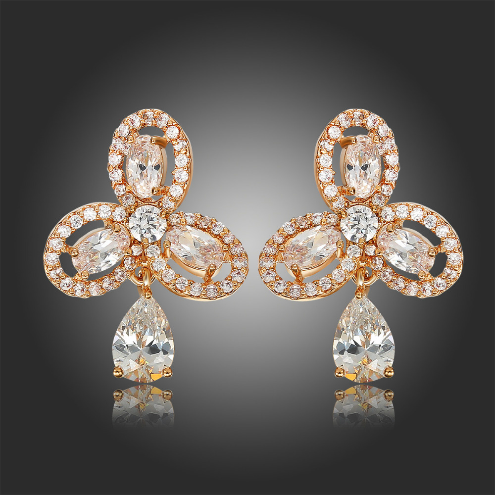 Gold Color Clover Cluster Paved Brilliant CZ Teardrop Dangle Earrings Wedding Luxury Party Jewelry For Women Girls Lady