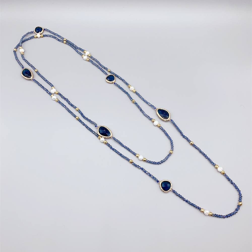 Irregular Blue Quartz Long Necklace With 2mm Crystals 5-6mm White Freshwater Pearls Hammered Gold Beads For Women Girls 50 Inch