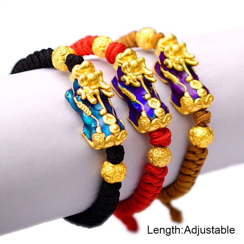 999 Sterling Silver Pixiu Gold Color Temperature Color Changed Lucky Red Rope Bracelets Tibetan Buddhist Knots String For Men