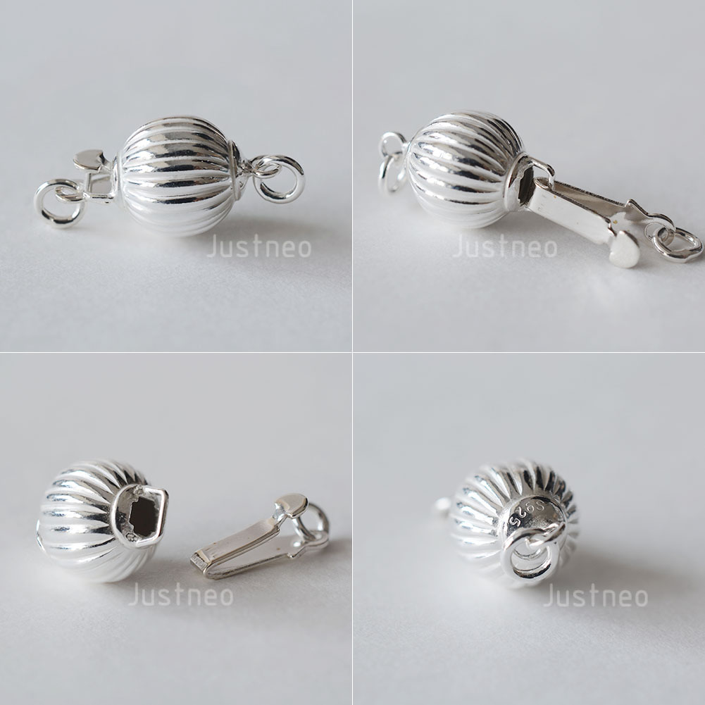 Solid 925 Sterling Silver Round Ball Box Clasp for Pearl Necklace Jewelry diy Components, 1 piece/lot