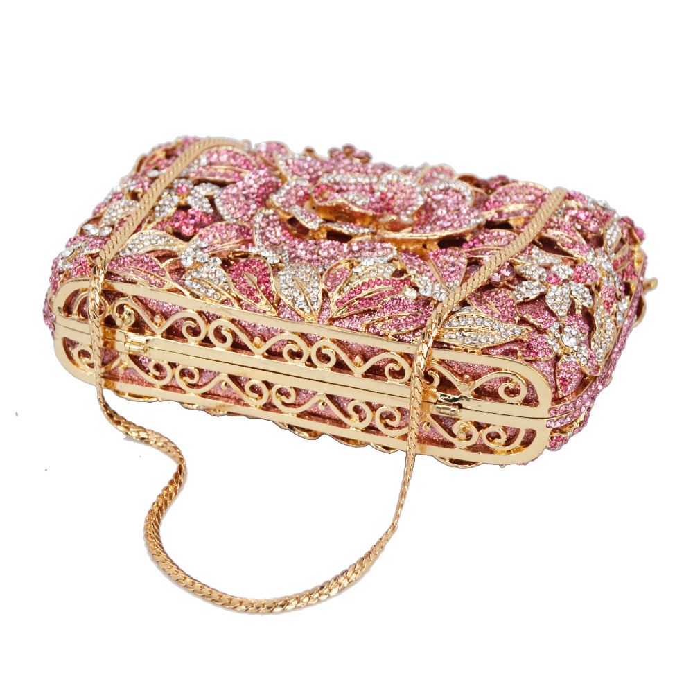 KHNMEET Pink Flower Party Clutch Evening Bags rhinestone Pink Luxury Wedding Crystal Bags Shoulder Bags SC780