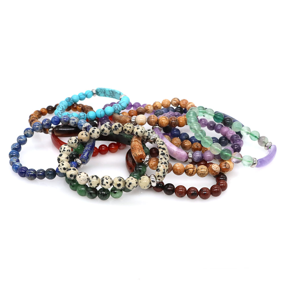 Rectangle Bar Charm Round Bead Bracelets Natural Stone Amethyst Agate Jade Healing Crystal Energy Cure Yoga Relief Bangle Gift
