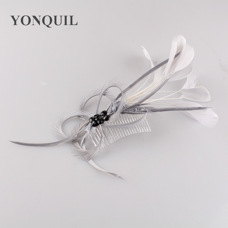 Multiple Colors Feather Party Fascinator Hats With Hair Combs Elegant Women Wedding Races Hair Accessories Grey Headwear SYF225