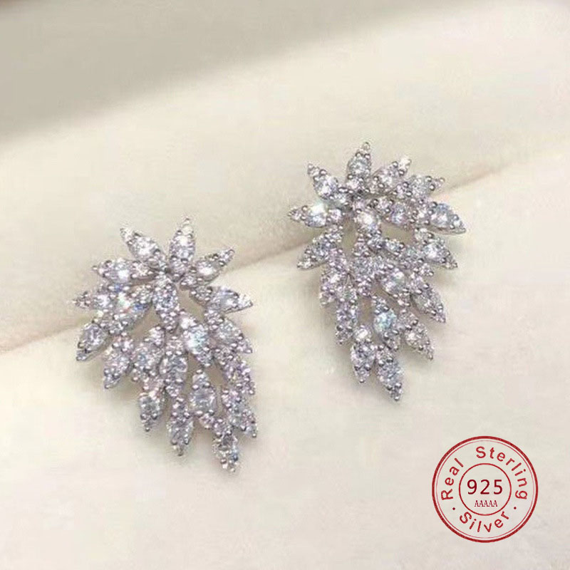 Rhinestone 925 SIlver Needle Statement Earrings 2021 Geometric Big Leaf Feather Stud Earrings For Women Crystal Wedding Gift