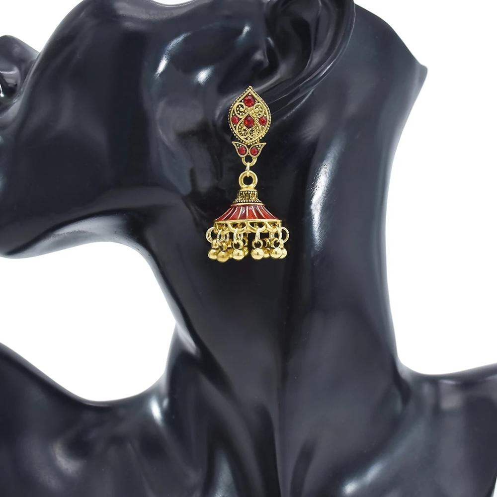 Indian Golden Bells Tassel Earrings For Women Boho Vintage Metal Rhinestone Flower Jhumka Earring Female Party Gift Kolczyki
