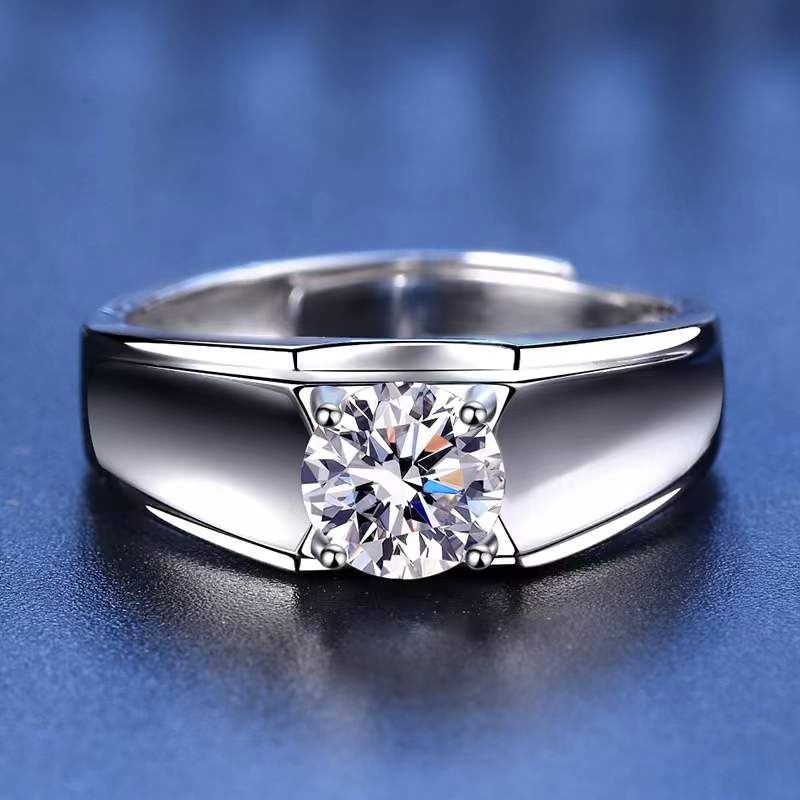 Classic 1ct D Color VVS1 Round Moissanite Men Adjustable Ring 925 Sterling Silver Lab Diamond Finger Rings Anniversary Gift