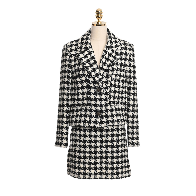 Sungtin Vintage Houndstooth Two Piece Set Women Tweed Mini Skirt Suits Lady Elegant Jacket Plaid Short Skirt Set Korea Chic 2023