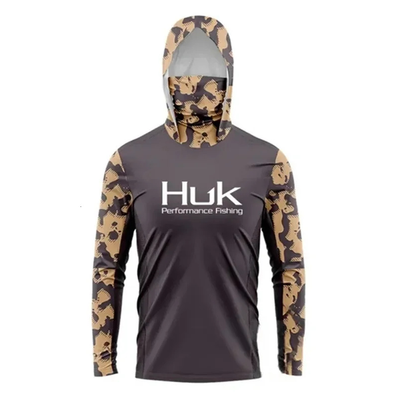 HUK Fishing Shirt Long Sleeve Anti-UV Fishing Hooded Shirts With Face Mask Fish Clothing Outdoor Sun Protection T-shirts UPF 50 240615