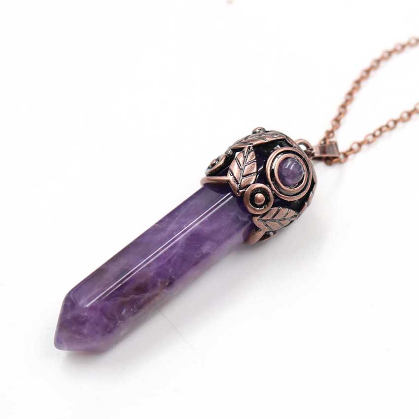 Natural Chakra Stone Pendant Hexagonal Prism Rose Quartz Amethyst Crystal Agate Healing Pendulum Stone Pendant Chain Necklace