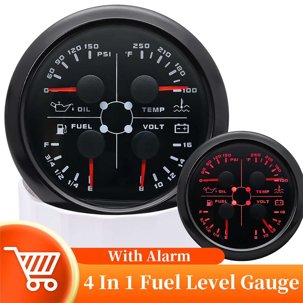 85mm Oil Pressure Water Temperature VOLT Fuel Gauge With Flashing Alarm Light 0-190/240-33ohm 4 In 1 Meter For Car Boat 12/24V