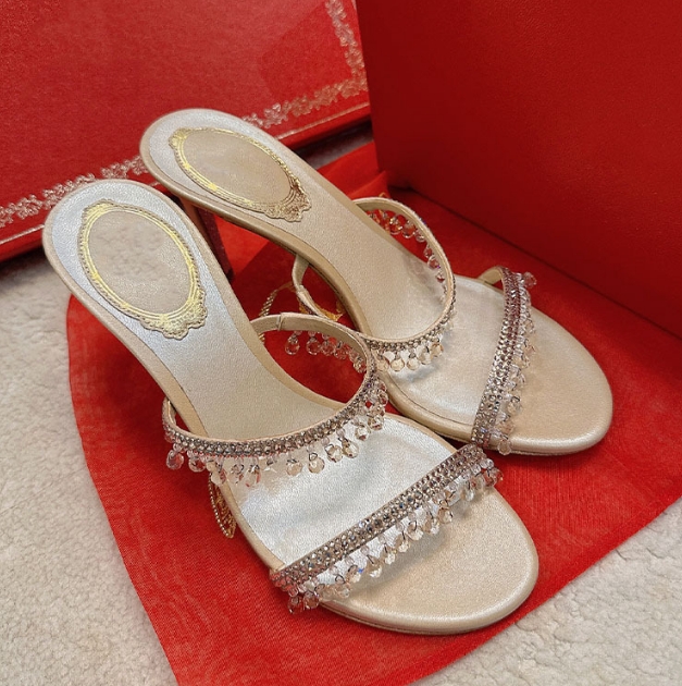 RENE CAOVILLA Rhinestone High Heels Sandals and Slippers Women's Pendants Crystal Wedding Chunky heel Slippers Girls White Crystal High-Heeled Sandals