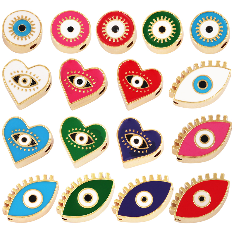 Enamel Blue Turkish Evil Eye Heart Round Bead,12mm Gold Brass Colourful Bracelet Components Accessories Wholesale Supplies L76