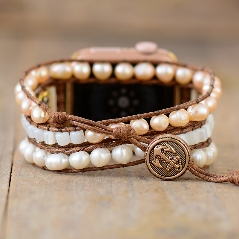 Elegant Freshwater Pearl Aple Women Watch Band Beads Boho 3X Wrap Vegan Rope Watch Strap Wrist Band Bracelet Accessories