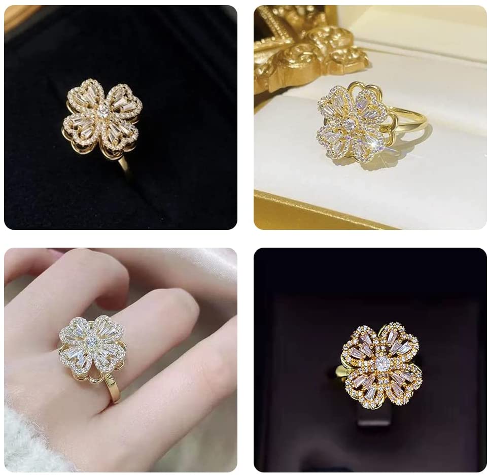 Rotating Jewelry Four-Leaf Adjustable Clover Ring Anxiety Women Good For Spinner Sparkling Gentle Flower Ring For Festival Gifts