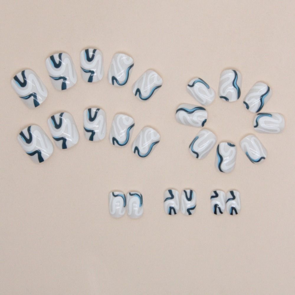 24pcs Short Round False Nails French Blue Sparkling Pearl Blue White Wavy Love Heart Full Cover Detachable French Nail Tips