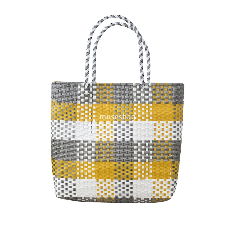 Designer Women's High Quality Retro Practical Plastic Stripes Large Capacity Plaid Handbag Handheld Basket Vegetable Basket Bag Beach Bag Large S