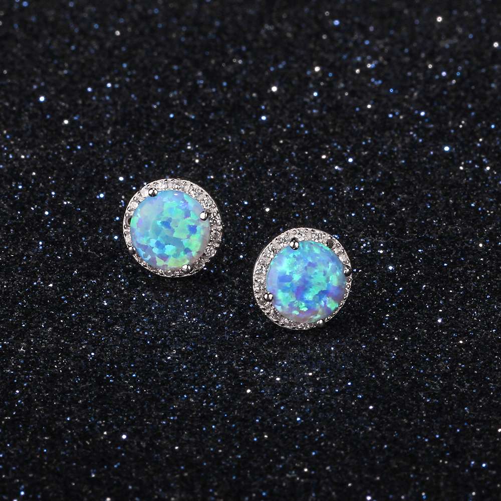 Classic 925 Sterling Silver Stud Earrings Round White Pink Blue Opal Earrings with Cubic Zirconia Jewelry Gift (Lam Hub Fong)