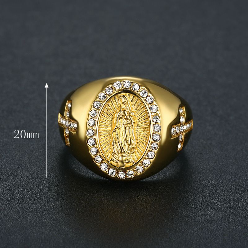New arrival US 6-13 size Men's Gold color Cubic Zirconia Our Lady of Guadalupe Virgin Mary Ring Religious Ring