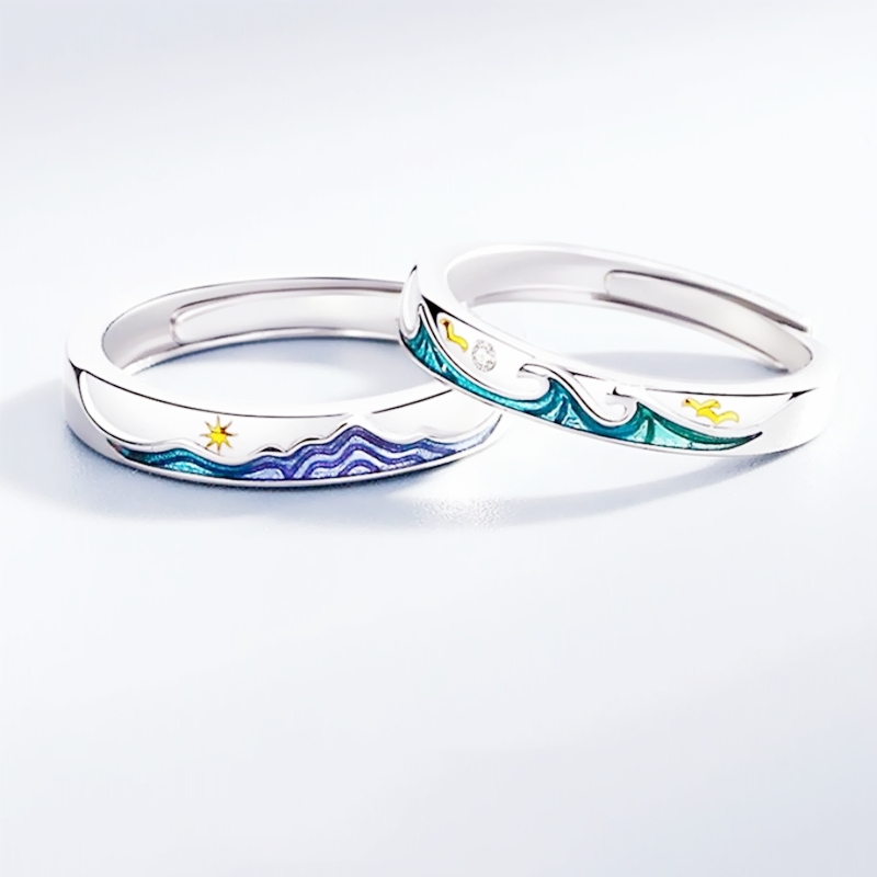 Sole Memory Color Drip Glaze Couple Gift Wave Vow Silver Color Female Resizable Opening Rings SRI962