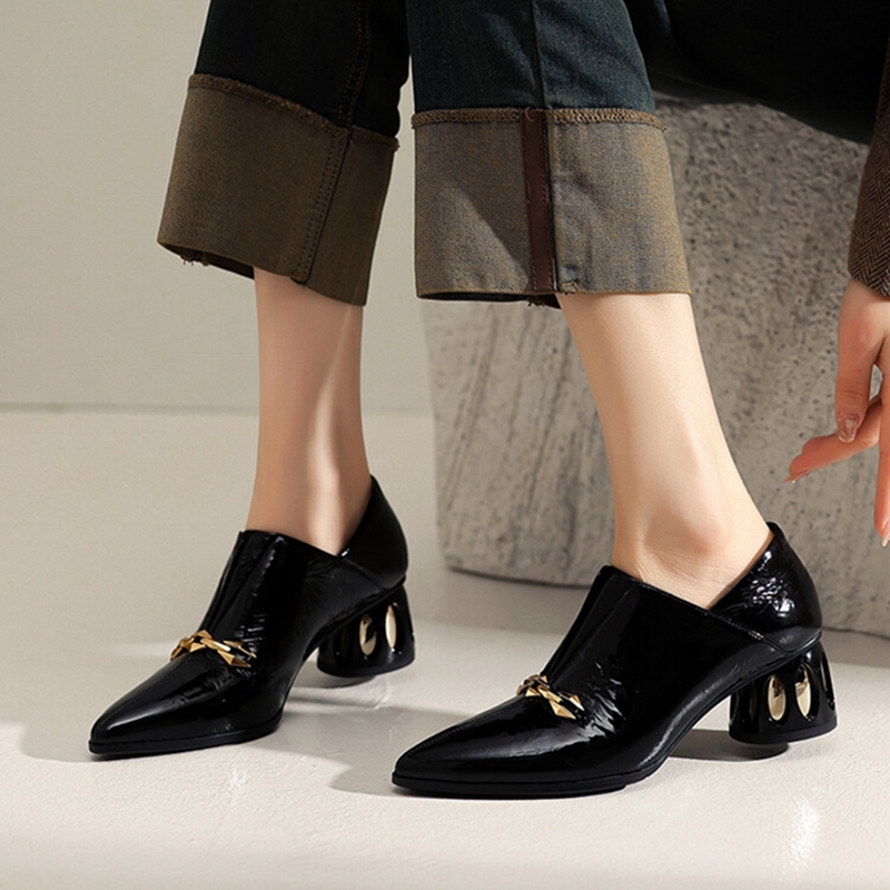 NEW Spring/Autumn Pumps Split Leather For Pointed Toe Round Women Slip-On High Heel Chain Shoes