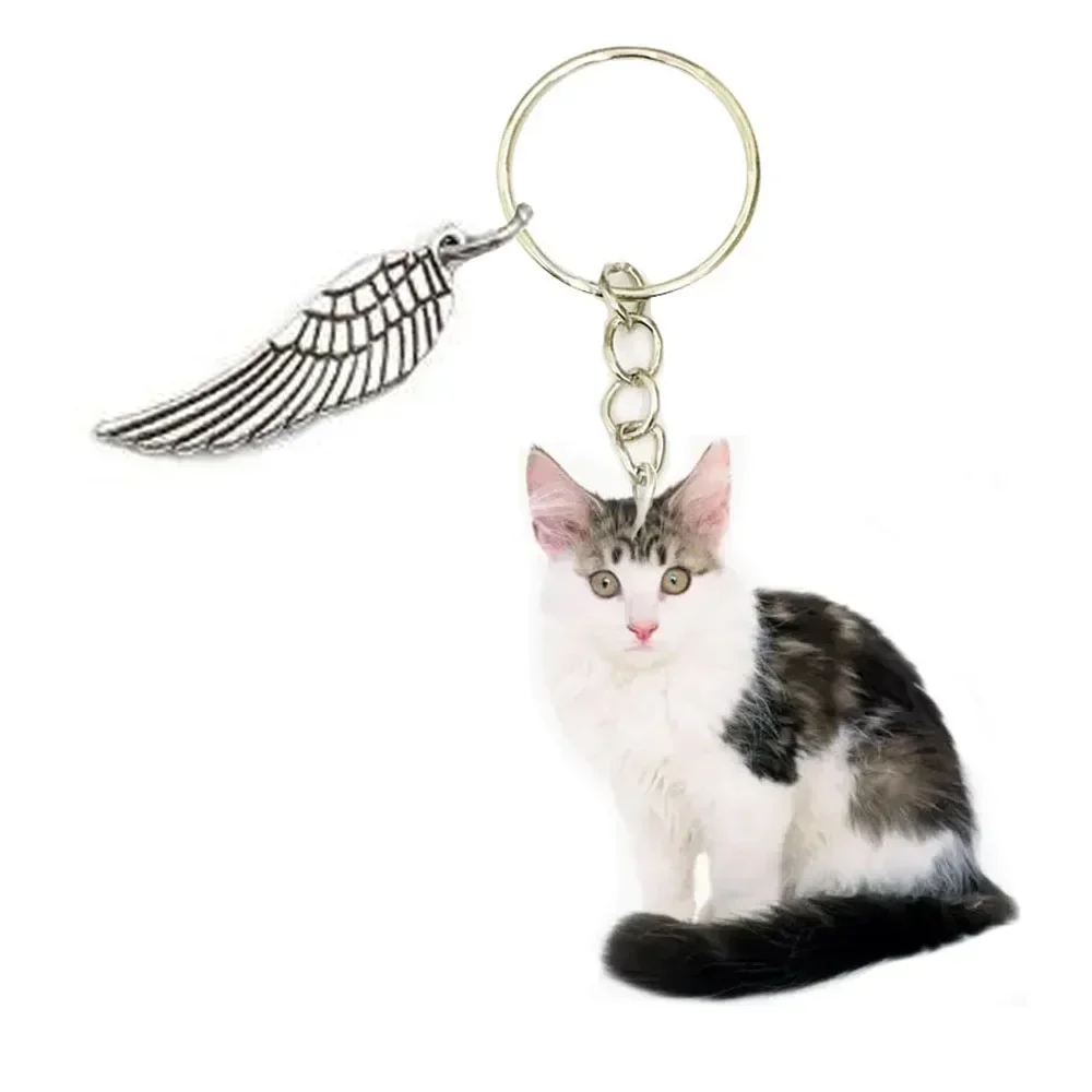 English Blue Cat Acrylic Keyring Clean Animal Cats Phone Charm 2D Keychain Men Key Chain Ring with Wing Gift for Women Girl Toy