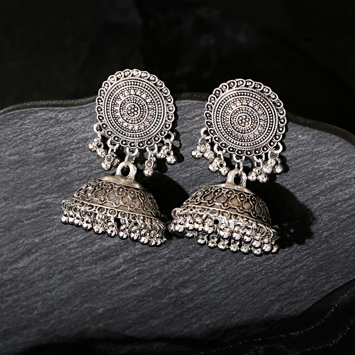 Retro Bells Indian Jewelry Jhumka Earrings Orecchini Vintage Gypsy Round Silver Color Tassel Earrings For Women