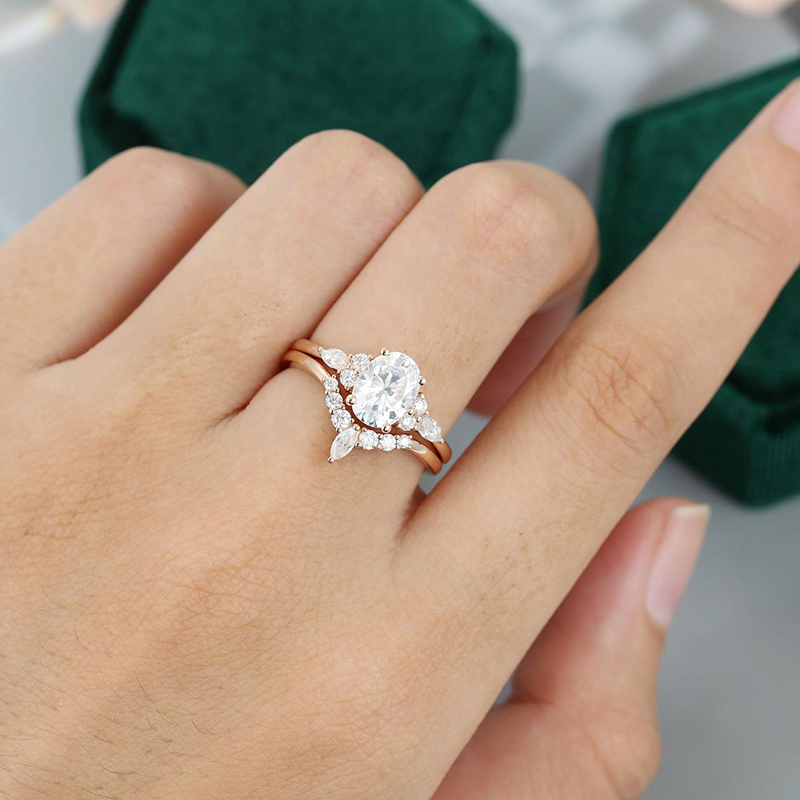 CxsJeremy 14K Rose Gold Bridal Set 1.5ct Oval Cut 6*8mm Moissanite Engagement Ring Wedding Band Women Antique Rings