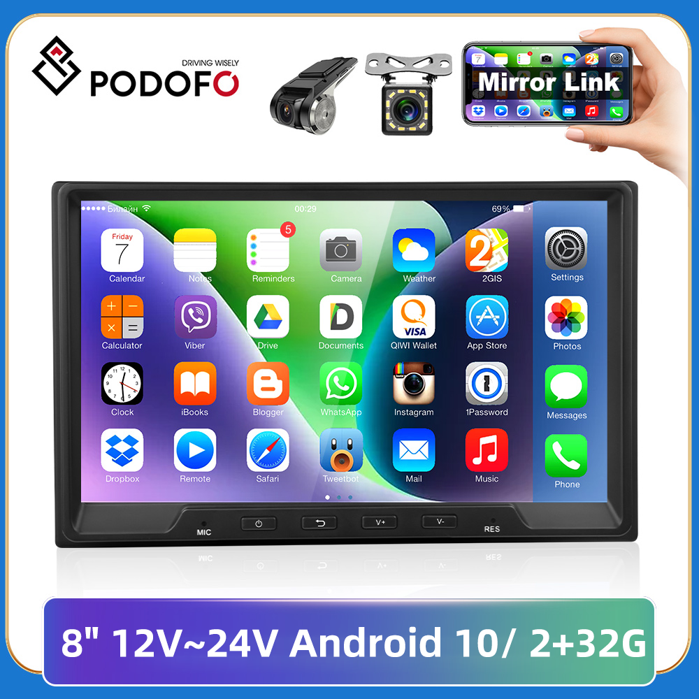 Podofo 24V truck GPS Car Radio 8" Autoradio Multimedia Player Android 10 Car Stereo MP5 Bluetooth USB FM Camera