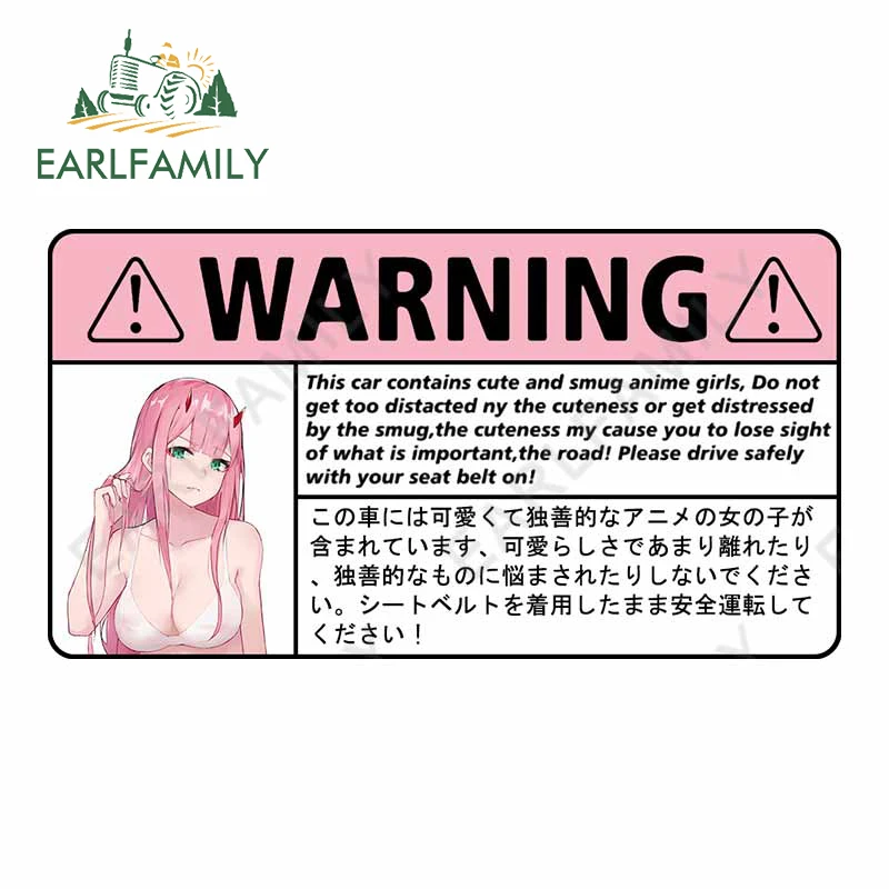 EARLFAMILY 13cm x 7.1cm for Sexy Anime Zero Two Warning Car Accessoires Decal Creative Motorcycle Sticker Vinyl Car Wrap Decor