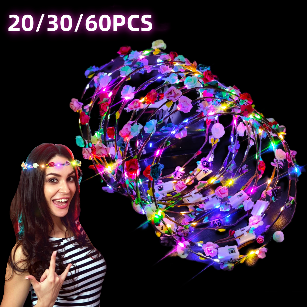 20-60PCS LED Flower Headband Crown Mardi Gras Light Up Headband for Women Floral Headpiece for Wedding Beach Dark Party Birthday