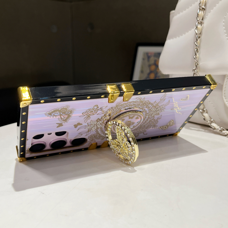 Glitter Butterfly Foldable Stand Kickstand Aurora Bling Square Phone Case For Samsung S24 FE S23 Ultra S22 S21 A05 A05S A15 A35 A55 A14 A34 A54 A13 A3