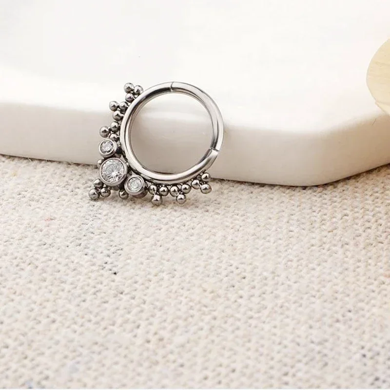 ASTM F136 Titanium Nose Ring 3 CZ Cluster Bead Hoop Ring Cartilage Nose Septum Hinged Segment Helix Lip Earring Piercing Jewelry