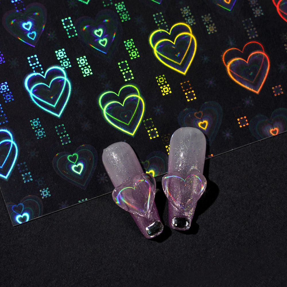 Holographic Aurora Nail Foils Women Girls Love Heart Cellophane Paper Laser Nails Film Star Self Adhesive 3D Nail Art Sticker
