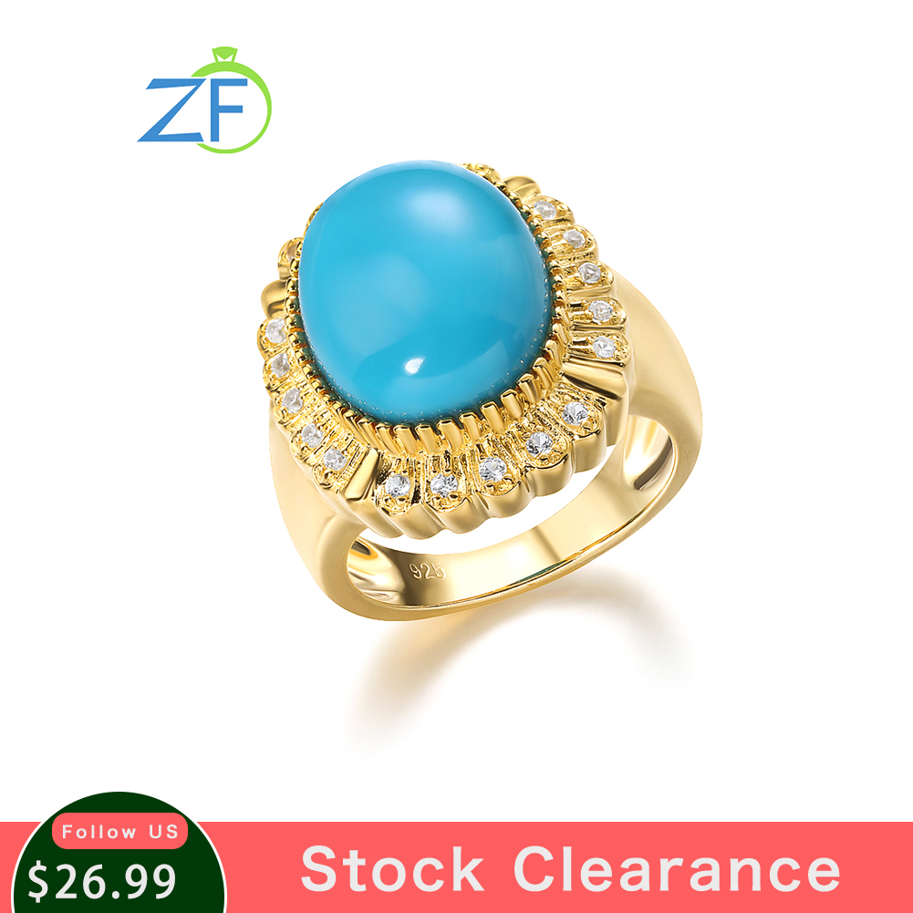 GZ ZONGFA Genuine 925 Sterling Silver Ring for Women 8.5 Carats Turquoise Shining Blue Gemstone Vintage Party Gift Fine Jewelry